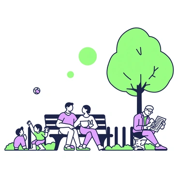 A cozy park bench is positioned next to a small wooden fence. The bench has a curved backrest and is made of dark wood, while the fence features evenly spaced vertical slats. In front of the bench, a couple is sitting close together, smiling and sharing a light meal. Nearby, a child is playing with a small dog, tossing a ball in the air. To the right, an elderly man is reading a newspaper under the shade of a tree, with leaves gently rustling in the breeze. The sun is shining softly, casting dappled light across the scene.