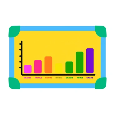 A colorful classroom wall chart featuring students' grades represented in vibrant bar graphs. Each bar is a different bright color, showing a range of performance levels. The chart includes labels for each student with their names written in bold, clear letters. The background of the chart is yellow, adding a cheerful vibe, while decorative borders in blue and green frame the edges. The overall layout is organized and easy to read, with clearly marked axes for grades and students.