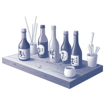 A wooden shelf filled with an assortment of sake bottles. Each bottle has a unique shape and label, featuring different designs and characters. The bottles are arranged in an eye-catching manner, some standing upright while others are positioned at an angle. The shelf itself has a rustic texture, with visible grains and knots in the wood. In the background, there are subtle hints of traditional Japanese decor, such as a small ceramic cup and bamboo accents. The scene is well-lit, highlighting the glossy surfaces of the bottles.