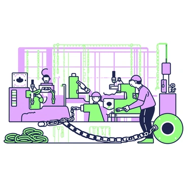 A factory interior is filled with machines operating to produce identical metal chains. Rows of machines line the walls, each equipped with a worker attentively monitoring the process. In the center, a conveyor belt carries the freshly produced chains, with each link perfectly shaped and gleaming. Some chains are coiled neatly on the side, while others hang from hooks above. The factory has large windows allowing natural light to illuminate the workspace, creating a dynamic scene of productivity.