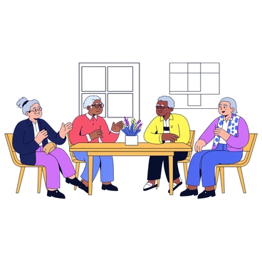 A group of four elders sitting around a rectangular wooden community table. They are engaged in conversation, with one elder gesturing animatedly while others listen intently. Each elder has distinct features: one has gray hair tied back, another wears glasses, a third has a beard, and the fourth has a patterned scarf. The table is adorned with a simple cloth and a small vase containing wildflowers. The setting has a warm, inviting atmosphere. Light filters in from a nearby window, illuminating their expressions as they share stories.