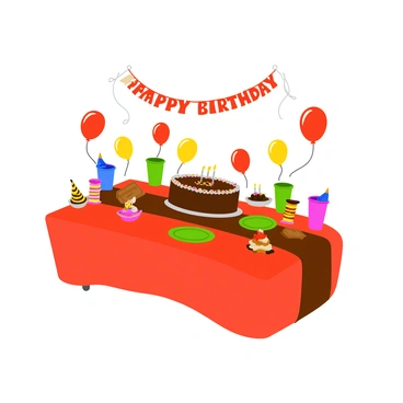 A festive birthday party table set with a bright, striped tablecloth in red and brown. On the table, there is a large chocolate cake adorned with KitKat bars arranged around the sides and topped with colorful sprinkles. Surrounding the cake are KitKat-themed balloons in various shapes, including some shaped like KitKat bars and others in vibrant colors like red, yellow, and blue. The table also features party hats, colorful plates, and cups that match the KitKat theme. A cheerful banner saying "Happy Birthday" hangs in the background, adding to the celebratory atmosphere.