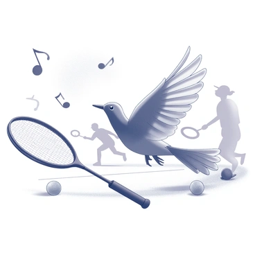 A badminton birdie in mid-flight, with its feathers captured in detail. The birdie is surrounded by musical notes, which are visually represented as swirling symbols emanating from it as it moves through the air. The scene features a dynamic background with people playing badminton, demonstrating action and excitement. Various sports equipment, such as rackets and shuttlecocks, is scattered on the ground nearby, enhancing the lively atmosphere. The composition conveys a sense of movement and energy, emphasizing the interaction between the sport and the music.