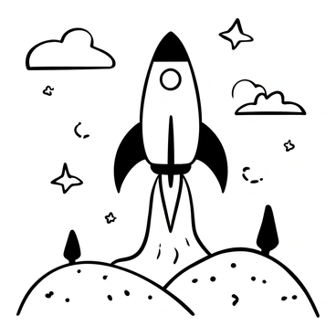 A rocket ship with a mid-century design aesthetic is soaring through the sky. The rocket has a sleek, streamlined shape with angular fins and metallic accents. Surrounding the rocket, there are fluffy clouds that create a whimsical atmosphere. Several stars are scattered across the background, adding to the playful theme. Below the rocket, there is a stylized landscape featuring rolling hills and a few small trees, enhancing the whimsical feel of the scene.