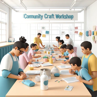 A spacious community workshop filled with natural light, featuring long wooden tables covered with various recyclables such as plastic bottles, cardboard boxes, and old newspapers. Several people of diverse ages and backgrounds are engaged in crafting activities. One woman, wearing a blue apron and glasses, is cutting a plastic bottle while a young boy beside her is gluing pieces of cardboard together, looking focused. In the background, a man is showing a group of children how to weave strips of newspaper into a basket. Colorful finished crafts are displayed on the walls, showcasing the creativity of the participants. A large banner overhead reads "Community Craft Workshop".