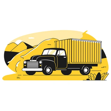 An old-fashioned truck is driving down a rural road surrounded by green fields. The truck has a shiny black body with visible chrome details and vintage-style headlights. It is carrying a single yellow shipping container secured tightly in the truck's bed. The container has a simple rectangular shape and is resting against the truck's back. In the background, there are rolling hills and a clear sky, adding to the peaceful rural atmosphere.