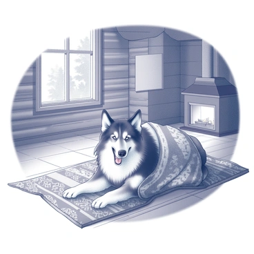 A sleepy collie yawning under a quilt in a rustic cabin