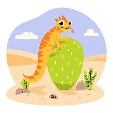 A crested gecko with vibrant orange and brown patterns is perched on a green cactus in a desert setting. The gecko has large, expressive eyes and its tongue is slightly extended towards the cactus spines. Surrounding the cactus are patches of light brown sand, scattered rocks, and small desert plants with spiky leaves. In the background, there are distant sand dunes under a bright blue sky with a few fluffy white clouds. Sunlight casts soft shadows, enhancing the textures of the sand and the cactus.
