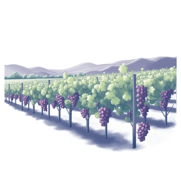 A sprawling vineyard with rows of grapevines extending into the distance. The vines are laden with clusters of "green" and "purple" grapes, some of which are hanging prominently, ready for harvest. Interspersed among the vines, lush green leaves provide shade and contrast. In the background, gently rolling hills enhance the abundance of the vineyard, while a clear sky creates a vibrant atmosphere over the scene.