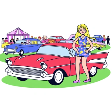 A vintage Barbie doll wearing a colorful 1960s-style dress with floral patterns. She has long blonde hair styled in a classic updo. Next to her is a shiny red classic car with white accents and chrome details. The car is parked on a grassy area surrounded by various retro vehicles. The background includes colorful tents and people admiring the cars at the retro car show.