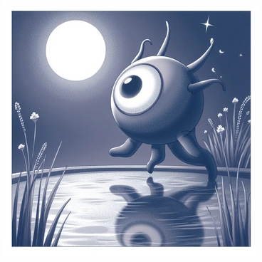 A large beholder with multiple eye stalks is floating slightly above the surface of a pond. Its central eye is focused intently on its own reflection in the water. The pond is surrounded by tall grass and a few delicate flowers. The nighttime setting is illuminated by a bright, full moon, casting shimmering light on the water's surface and creating gentle ripples. A few stars are visible in the night sky above, enhancing the tranquil atmosphere.