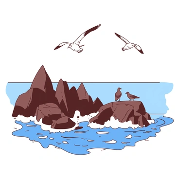 A rocky shoreline is depicted with jagged, dark brown rocks jutting out of the ground, creating a diverse ecosystem. The waves are crashing against the rocks, sending up white sprays of foam into the air. In the sky above, several sea birds are soaring gracefully, their wings spread wide as they glide over the shoreline. A few of the birds are perched on the rocks, looking out toward the ocean. The scene captures the dynamic interaction between the land and sea, showcasing the vibrant life that thrives in this coastal environment.