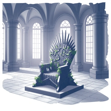 A grand throne room filled with decay and neglect. The room features high, arching ceilings with intricate stonework, and large, empty windows letting in dim light. In the center stands the "Iron Throne," heavily covered with "vines" that snake around its metallic structure, intertwining with the sharp edges. A thick layer of "dust" blankets the throne and the stone floor, suggesting years of abandonment. Shadows lurk in the corners, accentuating the sense of desolation in this once-magnificent space.