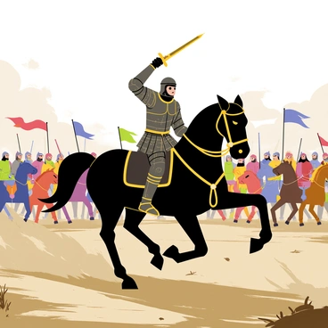 A medieval battlefield scene featuring "Eragon" on a majestic black horse, clad in detailed armor. Eragon holds a shining sword raised high, urging his troops forward. Surrounding him, a diverse group of warriors rides into battle, some with colorful banners fluttering in the wind. In the background, a chaotic mix of soldiers clashing with swords and shields can be seen, with clouds of dust rising from the ground. The sky is overcast, casting a dramatic light over the unfolding battle. The ground is rough and uneven, dotted with fallen weapons and debris.