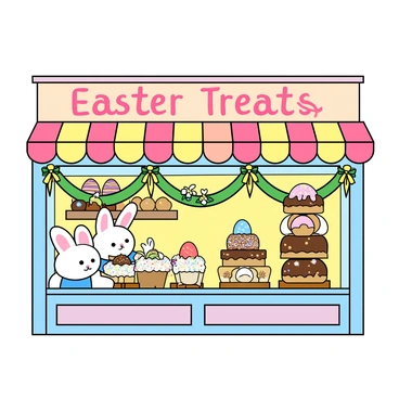 A whimsical bakery shop with a brightly colored facade made of pastel hues. Inside, several bunnies with fluffy white fur and large, expressive eyes are busy at work. One bunny, wearing a small blue apron, is decorating Easter-themed pastries shaped like eggs and bunnies, using vibrant icing in various colors. Another bunny is stacking tall, frosted cakes adorned with delicate sugar flowers and colorful sprinkles. The display case in front is filled with an array of pastries, including cupcakes topped with bunny ears and chocolate eggs. The shelves are lined with festive decorations, such as garlands of flowers and colorful ribbons. A sign above the shop reads “Easter Treats” in playful lettering.
