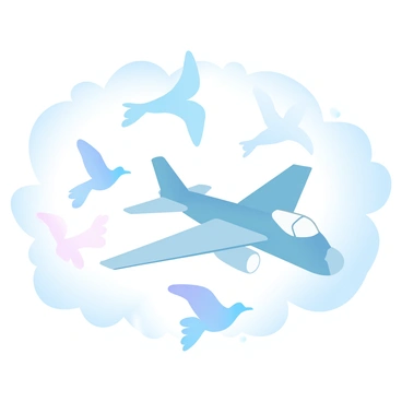 An airplane with a sleek design is flying through a bright blue sky. It is positioned alongside a flock of birds, which are in various formations as they glide gracefully. The airplane has its wings extended and leaves a trail of white vapor in the air. The birds, a mix of different species, display their wings in varied colors and sizes, creating a dynamic contrast against the sky. Soft, fluffy clouds scatter across the background, enhancing the sense of openness in the scene.