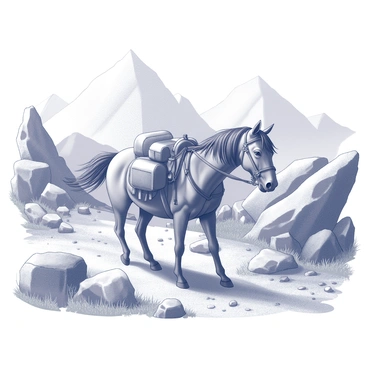 A powerful horse walking along a rugged mountain trail. The horse has a muscular build and a thick mane flowing in the wind. It is loaded with various supplies secured in saddlebags on either side. The trail is uneven and surrounded by steep rock formations and patches of grass. In the background, there are towering mountains with jagged peaks that rise dramatically against the sky. The terrain is rocky and challenging, showcasing the strength and endurance of the horse as it navigates the path.