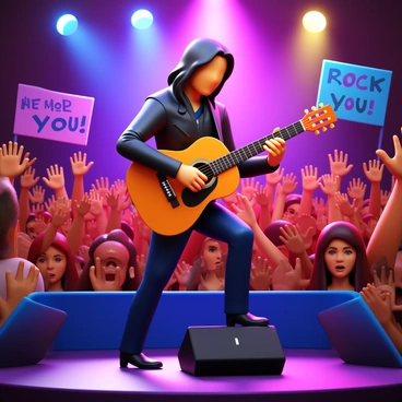 A musician playing an acoustic guitar on stage, wearing a black leather jacket. The guitarist has long hair and is focused on their performance, with one foot resting on a monitor speaker. In the background, colorful stage lights are illuminating the scene. The cheering crowd, filled with enthusiastic fans, is raising their hands and waving. Banners and signs can be seen, with the words "Rock On!" and "We Love You!" in vibrant colors.