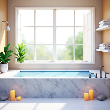 A luxurious spa-like bathroom featuring a large sunken marble bathtub. The bathtub is surrounded by elegant candles and smooth pebbles. There are large windows allowing natural light to flood the space, highlighting the shimmering marble. Plush towels are neatly folded on a nearby shelf. A relaxing indoor plant is displayed in one corner, adding a touch of greenery. The walls are painted in soft, calming colors, creating a serene atmosphere. Chrome fixtures shine in the ambient light.