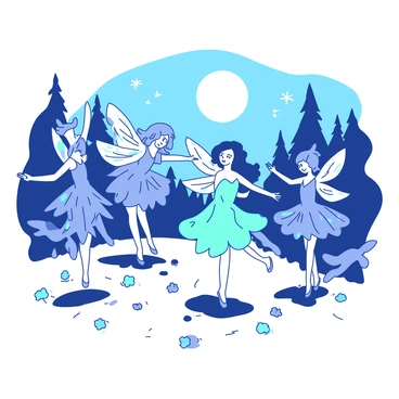 A group of fairies with iridescent wings is dancing gracefully under a full moon. The moonlight casts a soft glow on the fairies, enhancing the shimmering effect of their wings. Each fairy wears a delicate dress made of leaves and flowers, blending with the natural surroundings. The scene captures the movement of the fairies as they twirl and leap joyfully, their expressions filled with delight. In the background, the silhouette of trees gently sways in the night breeze, adding depth to the enchanting atmosphere.