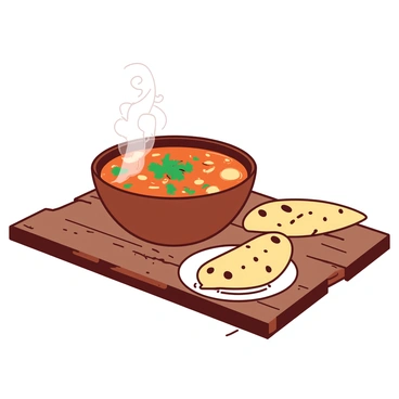 A comforting bowl of soup served alongside a piece of freshly baked naan.