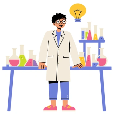 A scientist wearing a white lab coat stands in a laboratory filled with various scientific equipment. They have short black hair and glasses. The scientist has an expression of excitement, with wide eyes and a smile. Above their head, a glowing lightbulb symbolizes the eureka moment. The background features a table cluttered with beakers and test tubes in a vibrant array of colors.
