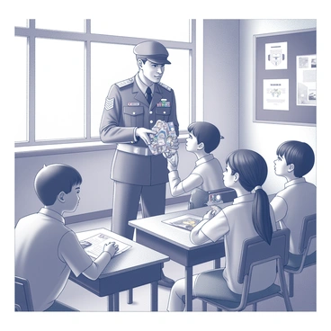 A veteran stands in a school classroom, interacting with a group of attentive students. The veteran wears a military uniform adorned with various medals and insignia, showcasing his service. He is holding a collection of military memorabilia, including badges, patches, and photographs. The students, a diverse group of boys and girls, are seated at their desks, leaning forward with curiosity as they examine the items. The classroom walls are decorated with educational posters and student artwork, creating an engaging learning environment. A large window allows natural light to flood the room, highlighting the exchange of knowledge and experiences.