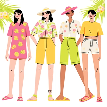 A collection of fashion designs depicting tropical resort wear. Each outfit showcases vibrant floral prints in a variety of colors, including bright pinks, rich greens, and sunny yellows. The materials are light and airy, emphasizing breezy fabrics that flow gracefully. The designs include short dresses, loose-fitting shirts, and stylish shorts, all suitable for a warm tropical climate. Accessories like wide-brimmed hats and colorful sandals complement the outfits, adding to the overall vacation aesthetic. The background features palm leaves and vibrant flowers, enhancing the tropical theme.