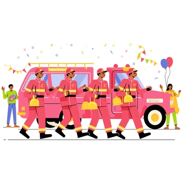 A group of firefighters in bright red uniforms is marching proudly in a local parade. Each firefighter holds a shiny brass helmet under one arm and has a confident smile. Behind them, a vibrant red fire truck is parked, adorned with colorful streamers and flags. The truck features a large ladder on the top and has its lights flashing. Spectators along the roadside are clapping and cheering, some holding balloons and banners that show support for the firefighters. Colorful confetti is falling gently from above, adding to the festive atmosphere of the event.