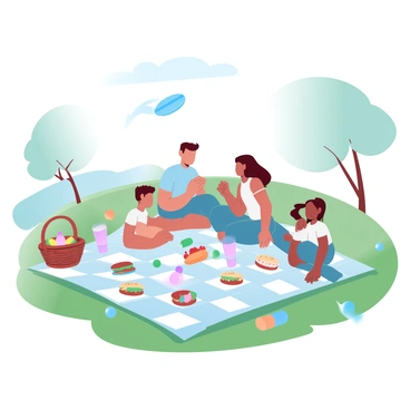 A family is gathered in a sunny field, enjoying a picnic on a large checkered blanket spread across the grass. The blanket is adorned with a variety of colorful foods, including sandwiches, fruits, and drinks. A wicker basket sits on one side of the blanket, slightly open and revealing more snacks. The children are playing nearby, with a frisbee in the air. Trees are visible in the background, adding depth to the scene. "A sunny day" is depicted through bright colors and the vibrant green of the grass.
