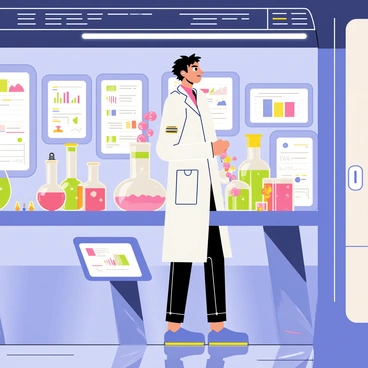 A scientist with short, spiky hair wearing a lab coat is focused on a bubbling experiment in a futuristic laboratory. The lab features sleek, metallic surfaces and glowing panels along the walls. An elaborate apparatus with glass tubes and vibrant liquids is placed on a workbench, with colorful bubbles rising from it. Several digital screens display complex data and graphs. The floor is shiny and reflective, enhancing the high-tech atmosphere of the room.