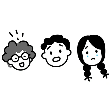 A group of three children, each displaying a distinct expression. The first child, a girl with curly hair and glasses, has a wide smile showing joy, with her eyes sparkling. The second child, a boy with straight black hair, has his mouth slightly open, depicting surprise, with raised eyebrows and wide eyes. The third child, a girl with long braids, has a downturned mouth and tear-filled eyes, highlighting her sadness. Each child is framed against a simple background, emphasizing their facial features and emotions.