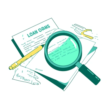 A teal magnifying glass is positioned over a section of a white loan document, focused on intricate fine print. The lens of the magnifying glass reveals detailed text that enhances the clarity of the tiny letters beneath it. Surrounding the document are scattered items such as a yellow pen and a white notepad, suggesting a workspace setting. The portions of the document not covered by the lens display a faint pattern of lines or text, creating a sense of depth and context to the scene.
