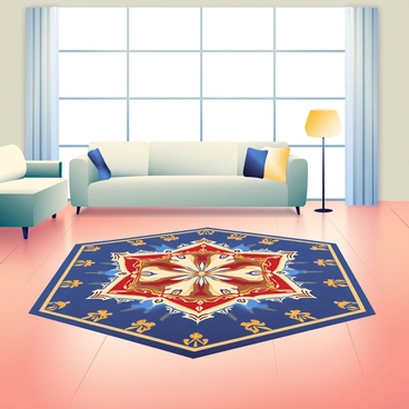 An elegant carpet with an intricate pentagon design is placed on a polished wooden floor in the center of a spacious living room. The carpet features a combination of rich colors including deep blue, gold, and crimson, with detailed geometric patterns that create a striking visual effect. Surrounding the carpet, there are stylish, modern furniture pieces, including a light gray sofa with plush cushions and a glass coffee table. A floor lamp with a golden shade stands beside the sofa, casting a warm glow over the room. Soft, natural light filters in through large windows adorned with sheer curtains, enhancing the inviting atmosphere of the living space.