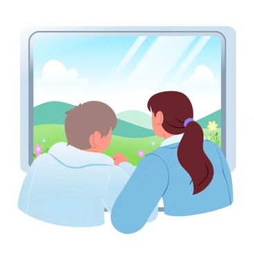Kaede and Suzu are sitting together by a train window, engaged in the view outside. Kaede has short hair and is wearing a light jacket, while Suzu has long hair tied back and is wearing a cozy sweater. The sunlight filters through the window, casting a warm glow on them. Outside the window, rolling green hills and colorful wildflowers are visible, with a clear blue sky overhead. The train is in motion, creating a sense of adventure and exploration.