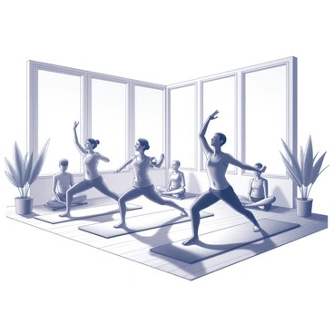 A yoga studio with large windows allowing natural light to fill the space. Several individuals of mixed racial backgrounds are positioned on yoga mats, each practicing different poses. In the foreground, one person is in a warrior pose, while another is balancing in tree pose. In the background, a group is seated in a meditative pose. The studio features bamboo flooring and minimalistic decor, with some plants in the corners, providing a sense of calm.