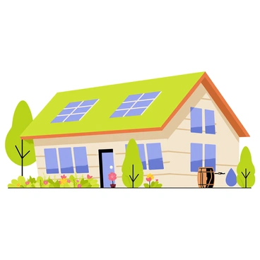 A house with a sloping roof covered in green grass and solar panels on the sides. The walls are made of light brown reclaimed wood and large windows allow natural light to flood the interior. Surrounding the house are lush green trees and colorful flower beds. A small vegetable garden is visible in the front yard, with rows of various plants growing. A rainwater harvesting system is integrated into the design, with a decorative barrel placed near the entrance.