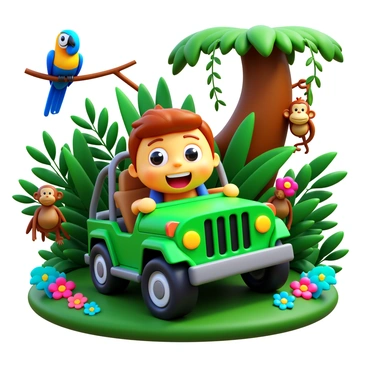 A 3D cartoon character with large expressive eyes and a big smile is riding in a vibrant green jeep. The jeep is surrounded by lush jungle foliage, with various animals peeking out from behind the leaves. A colorful parrot is perched on a branch above, while a curious monkey hangs from a vine nearby. In the background, a glimpse of a thick trunked tree adds depth to the scene, and vibrant flowers can be seen throughout the greenery. The character is wearing a casual outfit suitable for an adventure, enhancing the playful atmosphere of the jungle ride.