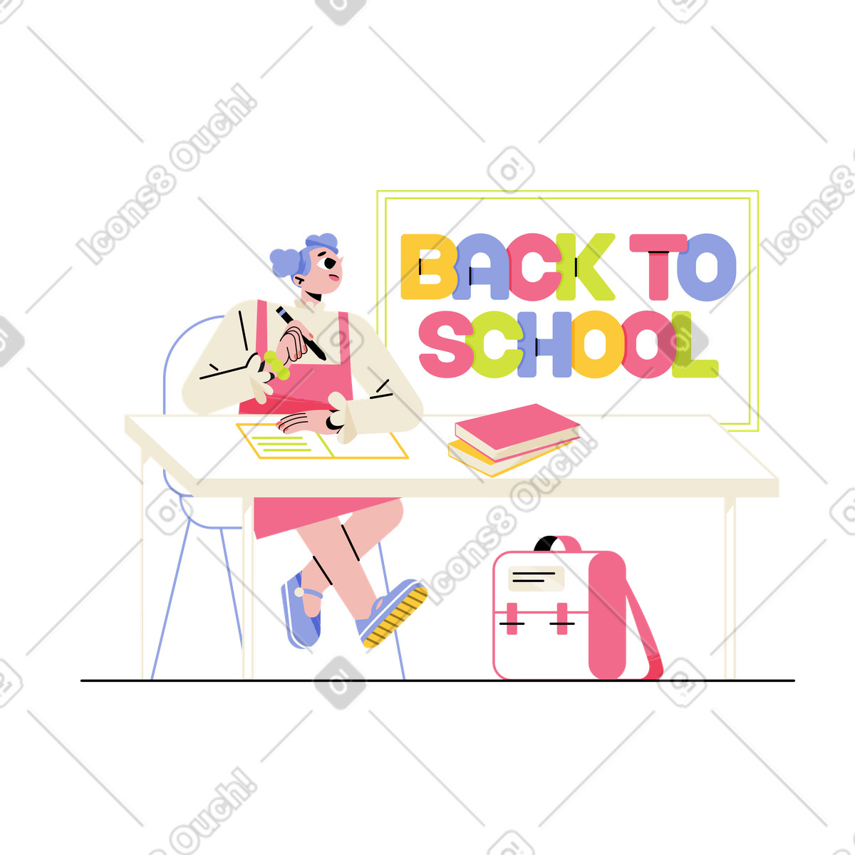 Schriftzug back to school mit einem studentenmädchen-Illustration im Juicy-Stil als Download in PNG, SVG