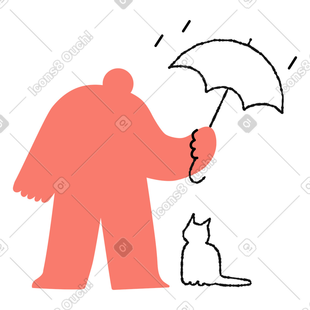 Bold People スタイルの Kindness character sheltering small cat under umbrella during rain のイラストをPNG、SVG形式でダウンロード