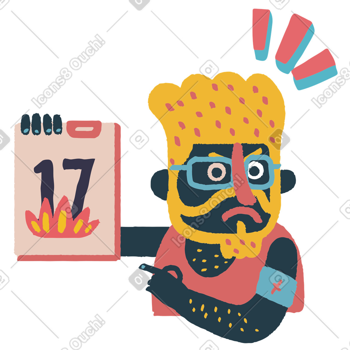 Ilustração de Homem preocupado apontando para a data limite em um calendário em PNG e SVG
