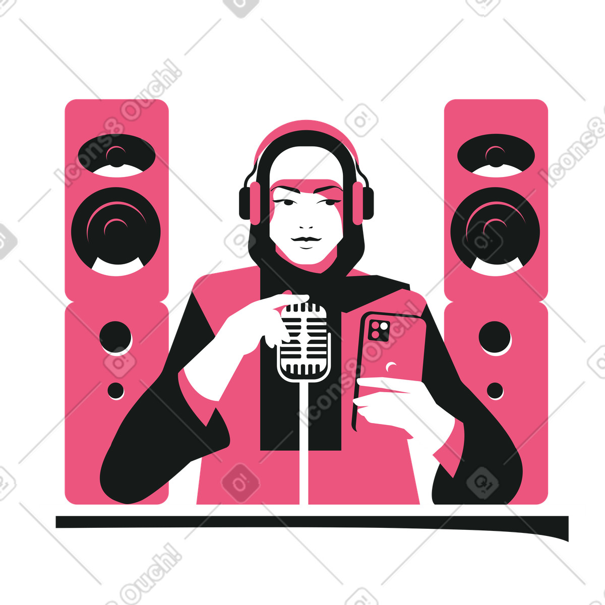 Lounge スタイルの ポッドキャストを録音する女性 のイラストをPNG、SVG形式でダウンロード