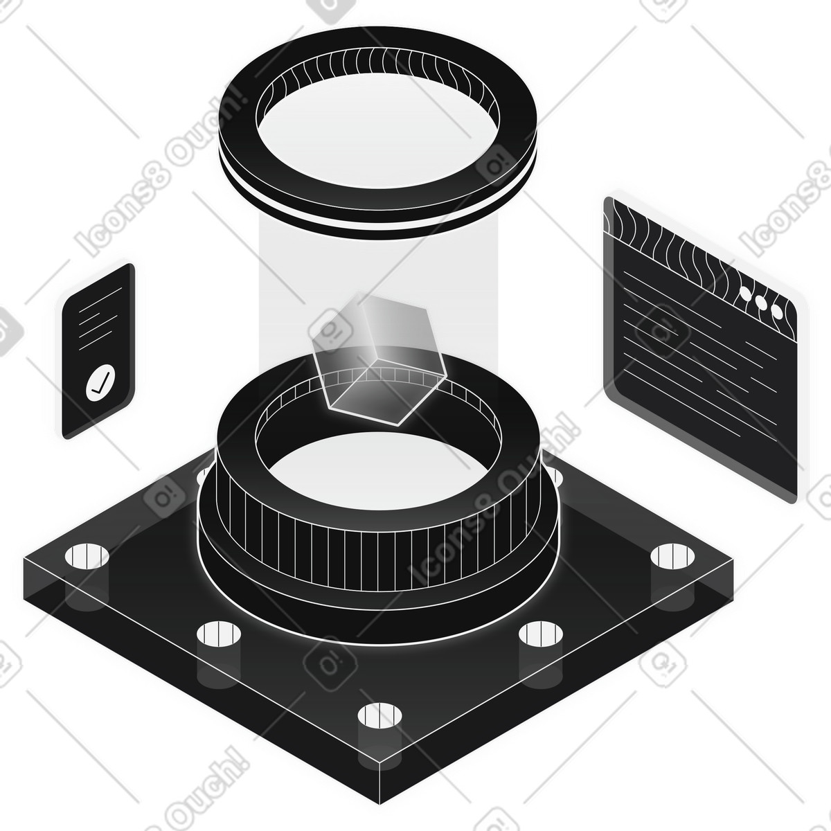Holographic cube in futuristic device, data processing platform and automation illustration Inverse style download PNG, SVG