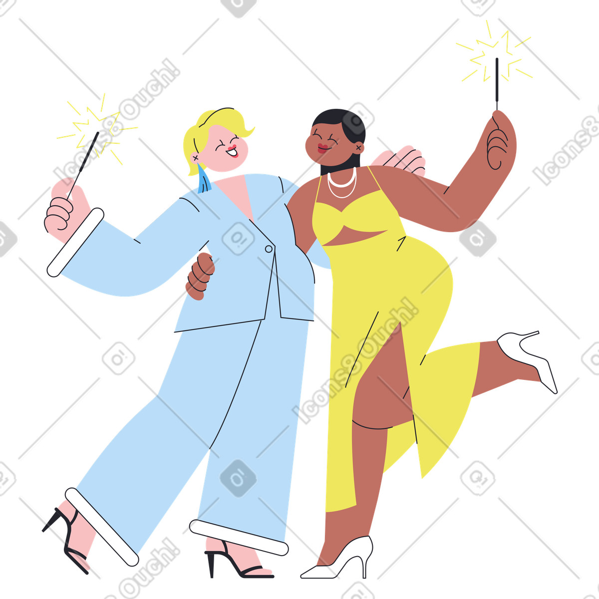New Year celebration with sparklers illustration in Boba style download in PNG, SVG