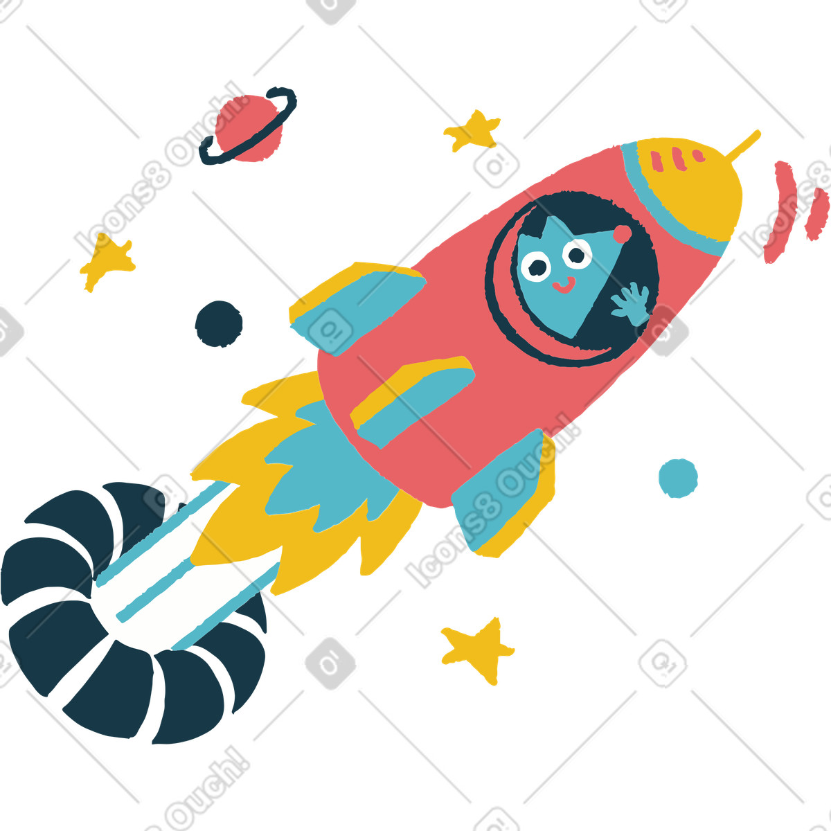 Rocket blasting off with waving passenger, Logged out or error state illustration in Flamenco style download in PNG, SVG