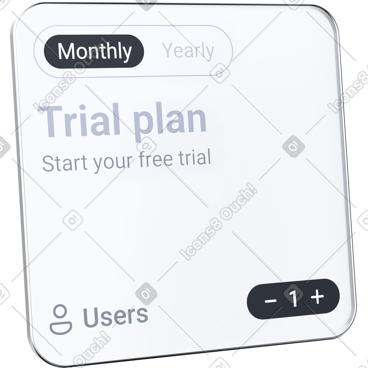 下载 3D Pro 风格的 Monthly subscription free trial signup card with user quantity selector 插画，支持 PNG、SVG 格式
