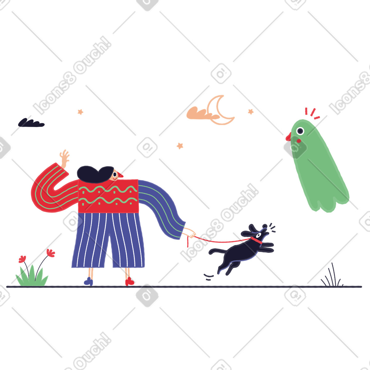 Illustration Chien qui aboie après un fantôme dans le style Stripy à télécharger aux formats PNG, SVG