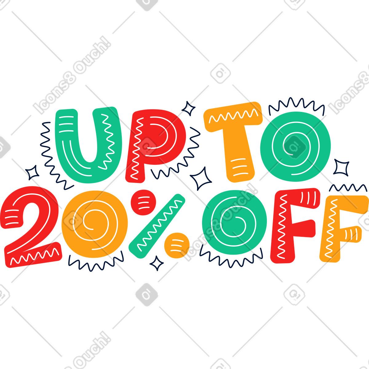 Lettering スタイルの 最大 20% オフの文字と線と星のテキスト のイラストをPNG、SVG形式でダウンロード