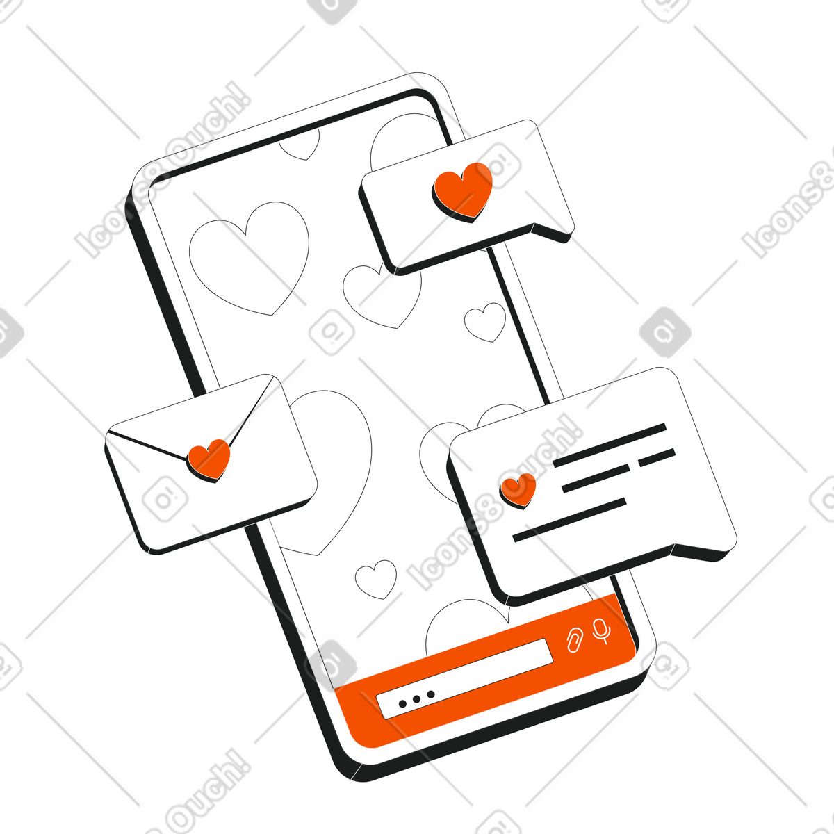 Dating app interface with romantic love messages illustration in Strict style download in PNG, SVG