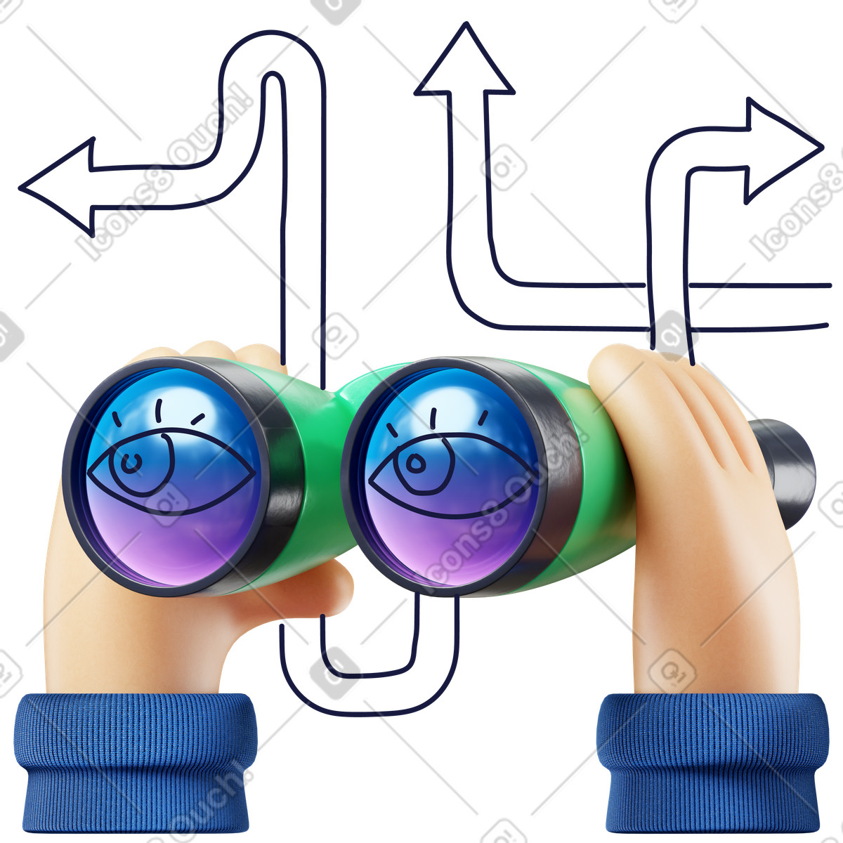 Illustration Mains tenant des jumelles avec flèches, vision future et prise de décision, recherche exploration dans le style 3D Surfaced à télécharger aux formats PNG, SVG